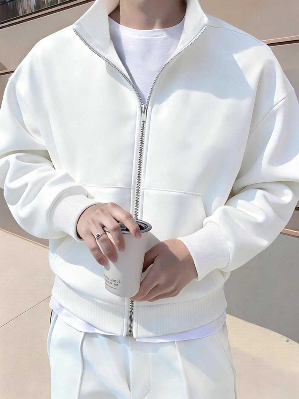 White Casual Men's Plain Zip-Up Jacket